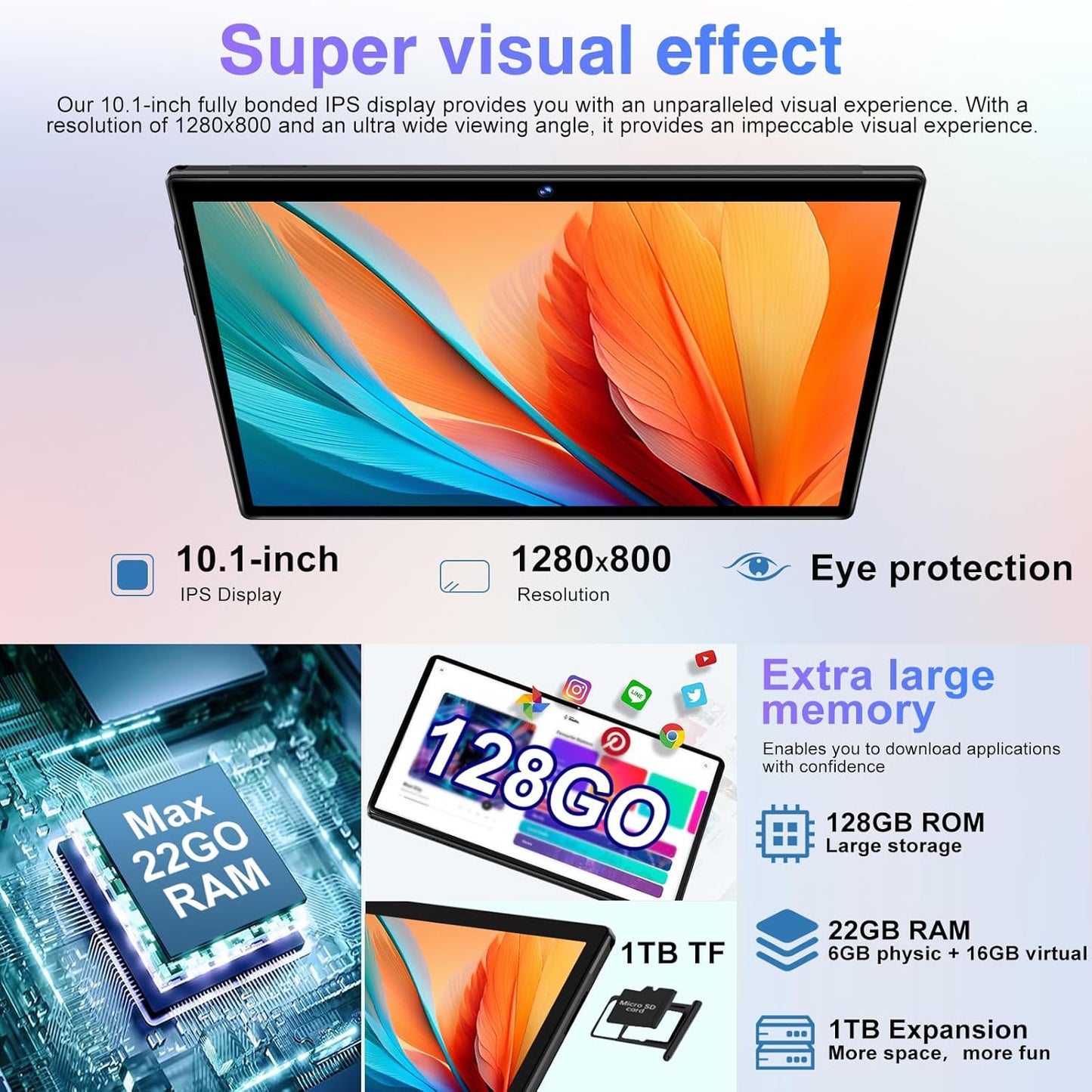 Android Tablet with Keyboard, 10 inch Android 14 Tablets 22GB+128GB, Octa-Core CPU, 8000mAh, HD IPS Display, 5G WiFi, BT 5.0, GPS, Widevine L1, 1TB Expandable, Mouse, Split Screen, Metal Body -Black