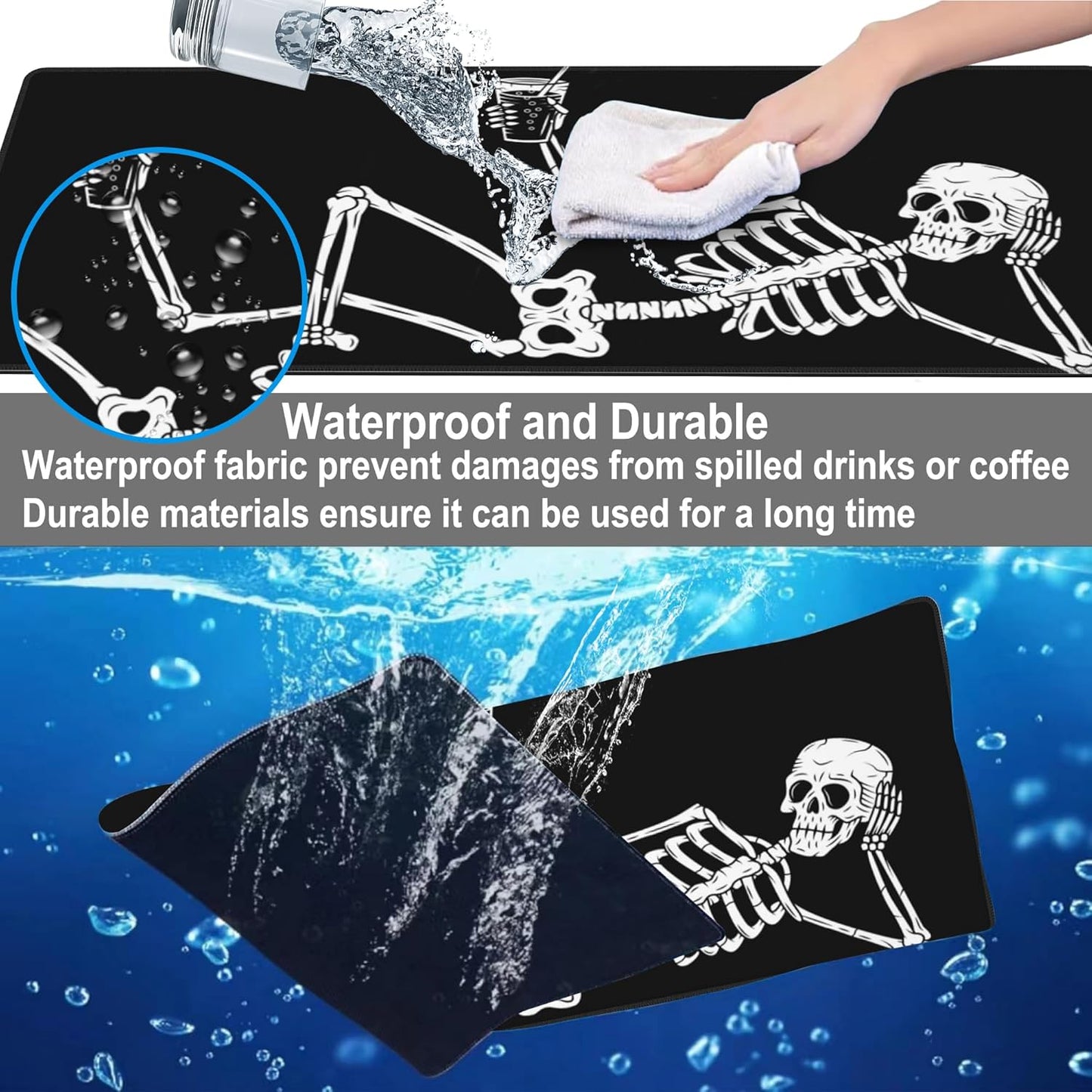 Mouse Pad, Large Skeleton with Cocktail Desk Mat, Extended Non-Slip Gaming Keyboard Mousepad Desk Pad, Thick Stitched Edges Waterproof Mouse Mat 31.5"x15.7" (Human Skeleton)