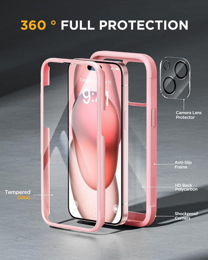 Miracase Glass Series Designed for iPhone 15 Plus Case 6.7',Full-Body Military Drop Proof 15 Plus Phone Case Cover with Built-in 9H Tempered Glass Screen Protector,Pink
