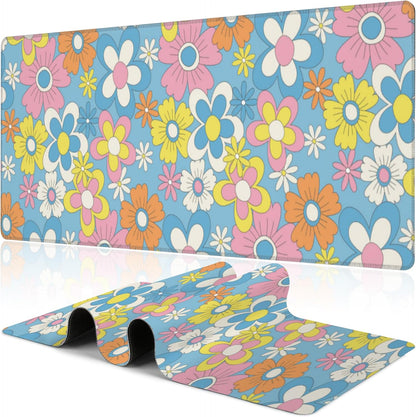 Colorful Retro Flowers Desk Mat,Large Cute Floral Gaming Keyboard Mouse Pad,Non-Slip Rubber Base Desk Pad Thick Stitched Edges Waterproof Mousepad Mouse Mat 31.5"x11.8"