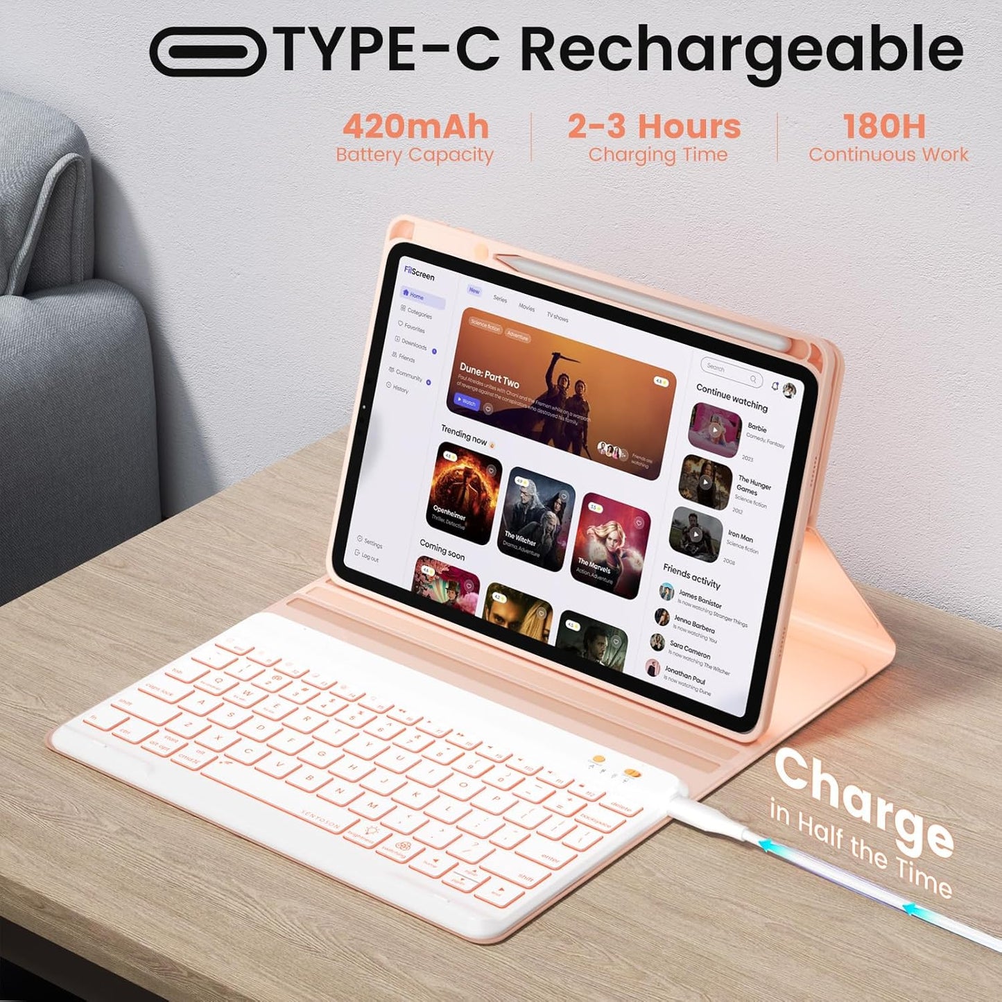 BLUTLOTUS for iPad 11th A16 10th Generation Case with Keyboard - 7 Colors Backlit Wireless Detachable Folio Keyboard Cover with Pencil Holder for iPad 11'' A16 2025 10th Gen 10.9 Inch 2022 (Pink)