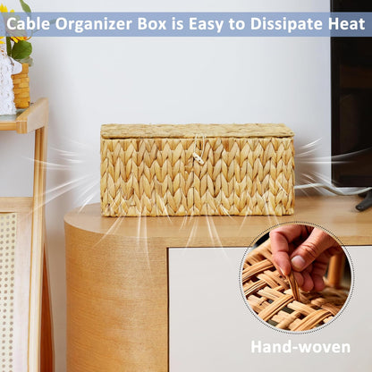 efluky Hand-Woven Cable Management Box with Lid, Water Hyacinth Cord Organizer Box to USB Wire, Power Strip & Charger, 2 Open Slots Cable Box for TV Table, Office Desk & Floor, Natural