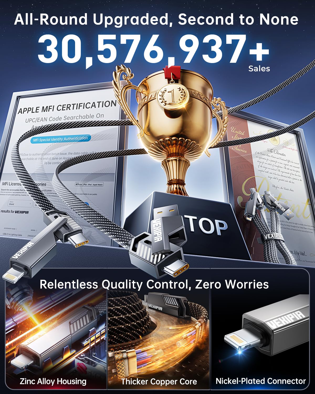 [Upgraded] 4-in-1 USB C Cable 240W 5FT Compatible with Lightning Cable [Fast Charging & Data Transfer] Flat Nylon Braided for iPhone iPad Charger Cord, Multi Charge Wire Combo with L/Type C/USB A Port