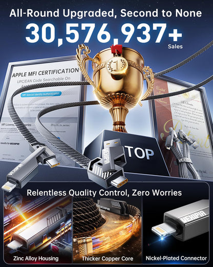 [Upgraded] 4-in-1 USB C Cable 240W 5FT Compatible with Lightning Cable [Fast Charging & Data Transfer] Flat Nylon Braided for iPhone iPad Charger Cord, Multi Charge Wire Combo with L/Type C/USB A Port