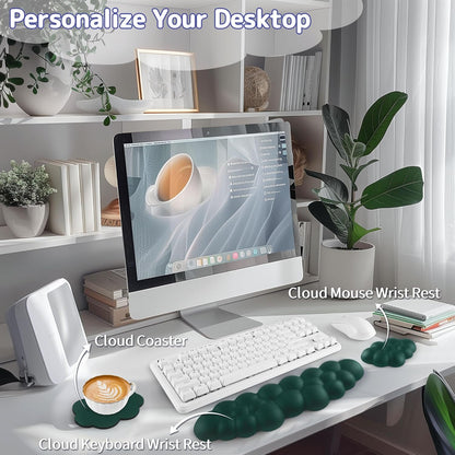 Cloud Wrist Rest Keyboard, Cloud Keyboard Wrist Pad Set with PU Leather Memory Foam, Cute Arm Rest for Palm Support, PC/Gaming Desk Accessories/Office Setup/Computer Hand Cushion - Dark Green