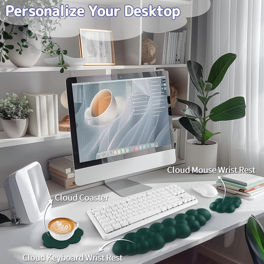Cloud Wrist Rest Keyboard, Cloud Keyboard Wrist Pad Set with PU Leather Memory Foam, Cute Arm Rest for Palm Support, PC/Gaming Desk Accessories/Office Setup/Computer Hand Cushion - Dark Green