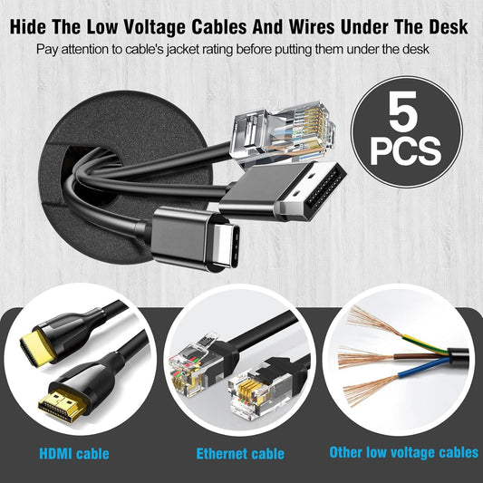 2" Black Desk Grommet, JTemgle Plastic Cable Hole Cover Computer Table Cord Wire Organizer Caps Desktop Cord Management for Home Office TV Stands Tabletops, 5 Pieces