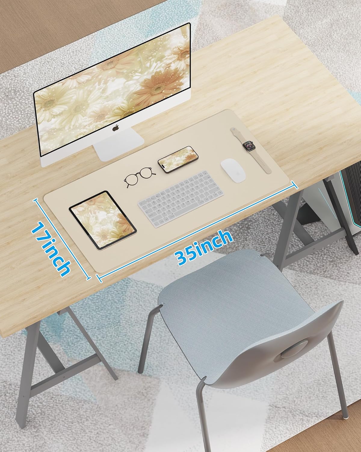 AFIING Leather Desk Pad Protector, Mouse Pad, Office Desk Mat, Non-Slip PU Leather Desk Blotter, Large Desk Mat, Waterproof Keyboard Mat for Office/Home/Decor (Beige, 55" x 17")