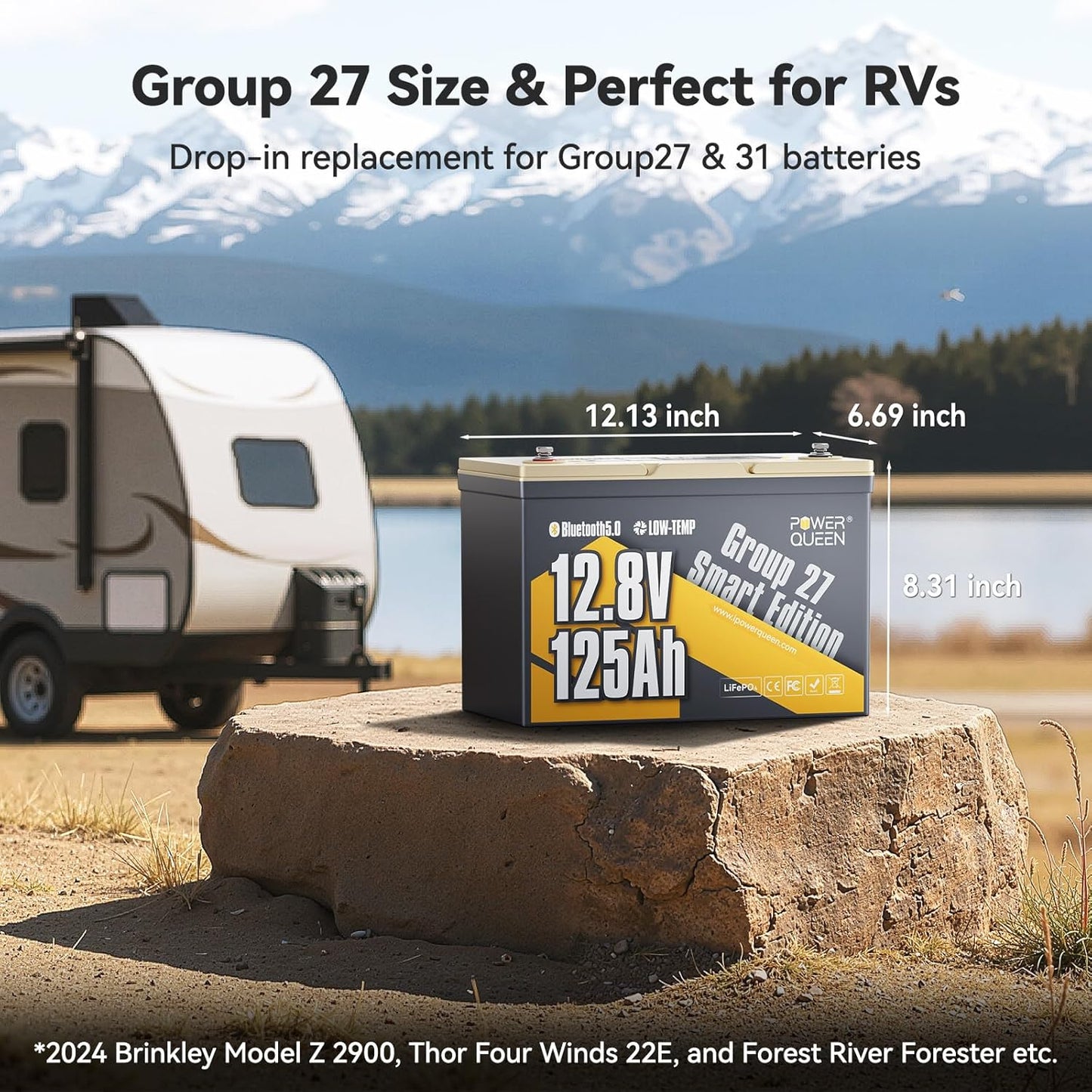 Power Queen 12.8V 125Ah Bluetooth LiFePO4 Battery, Group 27 Size &1600Wh Energy, Deep Cycle Lithium Battery with Low-Temp Cut Off, Perfect for RV, Marine, Off-grid, Solar System, Backup Power