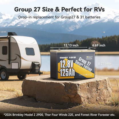 Power Queen 12.8V 125Ah Bluetooth LiFePO4 Battery, Group 27 Size &1600Wh Energy, Deep Cycle Lithium Battery with Low-Temp Cut Off, Perfect for RV, Marine, Off-grid, Solar System, Backup Power