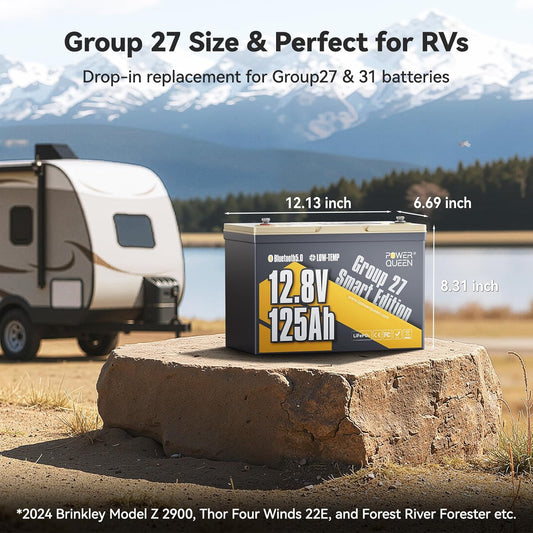 Power Queen 12.8V 125Ah Bluetooth LiFePO4 Battery, Group 27 Size &1600Wh Energy, Deep Cycle Lithium Battery with Low-Temp Cut Off, Perfect for RV, Marine, Off-grid, Solar System, Backup Power