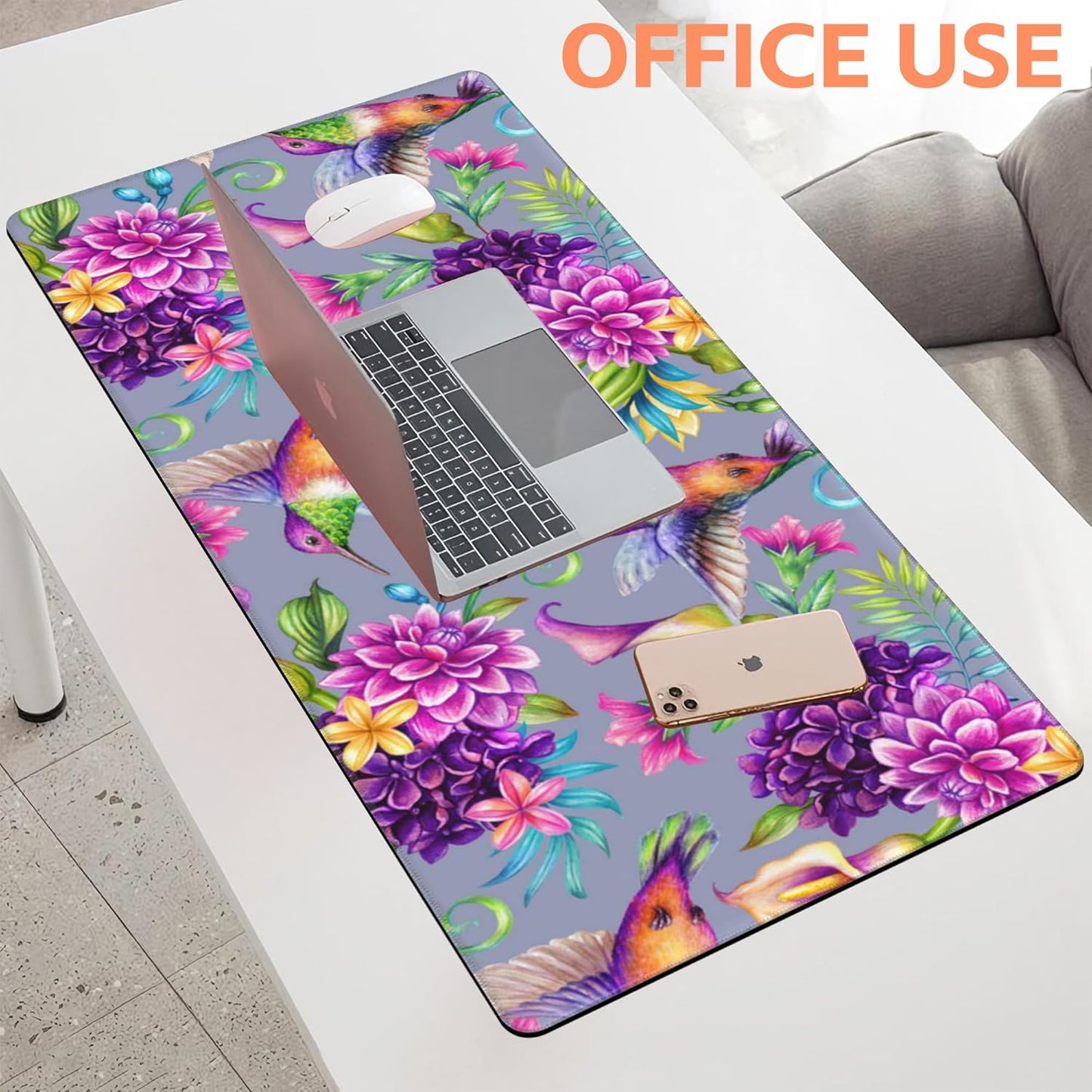 Mouse Pad Large Humming Bird and Flowers Non-Slip Gaming Desk Mat with Stitched Edge Laptop Keyboard Desk Pad for Work Home Gaming (35.4 x 15.7 Inches)
