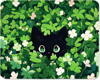 ITNRSIIET Mouse Pad with Stitched Edge Premium Textured Smooth Precise Operation Waterproof Washable Non-Slip Rubber Base Desktop Protection Mat, 10.2×8.3×0.12 inches, Green Leave Cat