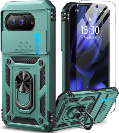 Taisairu for Google Pixel 9A Case with Screen Protector & Slide Camera Lens Cover,Built-in 360°Rotate Magnetic Ring Stand Shockproof Protective Phone Case for Google Pixel 9A Case (Green)