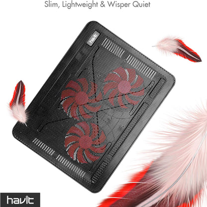 Havit HV-F2056 15.6-17 Inch Laptop Cooler Cooling Pad - Slim Portable USB Powered (3 Fans) (Black+Red)