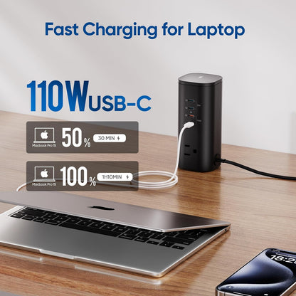 Surge Protector Power Strip Tower, TenTrend 160W Fast Charging Station with 3 AC Outlets & 8 USB Ports (4 USB-C), 5 FT Flat Plug Extension Cord with Multiple Outlets for Home Office