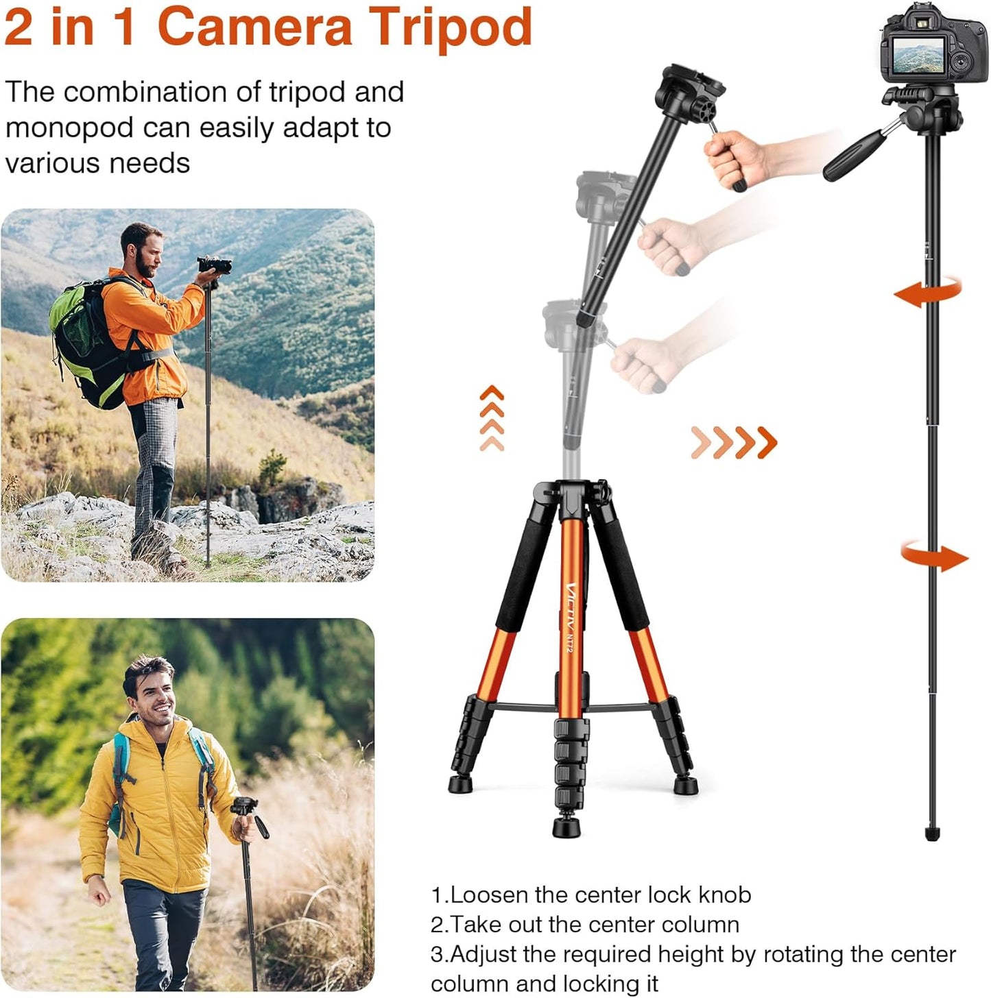 Tripod for Camera, 72" Tall Camera Tripod & Monopod with Remote, Professional Heavy Duty Compact Camera Stand for Phone, DSLR, Spotting Scope, Telescope, Binocular