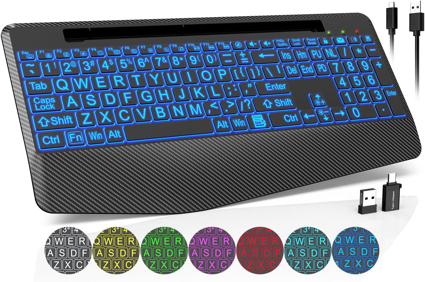 Wireless Keyboard with 7 Colored Backlits, Wrist Rest, Phone Holder, Rechargeable Ergonomic Computer Keyboard with Silent Keys, Full Size Lighted Keyboard for Windows, Mac, PC, Laptop (Large Print)