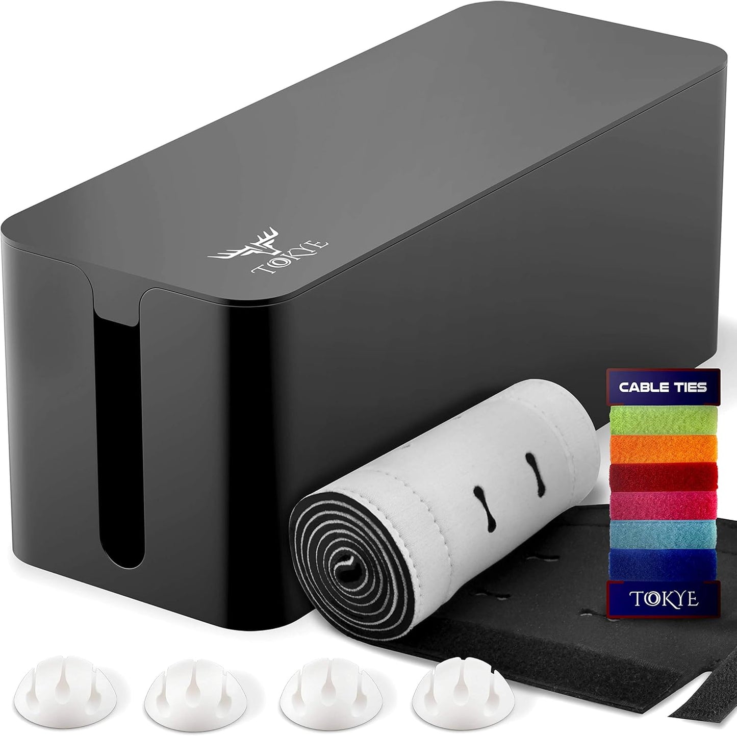 Large Cable Management Box, Cord Organizer Box to Hide Power Strip, Extension Cord, Surge Protector | Cord Hider Safe Box for Desk Organizers, Gaming PC, Computer, TV | White, Black Edition by Tokye®