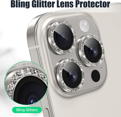 AGVEE 3+3 6 Pack for iPhone 16 Pro 6.3" / 16 Pro Max 6.9" Camera Lens Cover Protector, Bling Glitter & CD-Textured Metal Ring 9H Tempered HD Glass Camera Cover Protector Film, Glitter-Natural