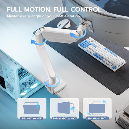 ARES WING Single Monitor Arm, Heavy Duty Adjustable Monitor Arm for 13"-45" Screens with USB, Gas Spring Desk Mount Stand with C Clamp/Grommet Mounting Base up to 40lbs Computer, White