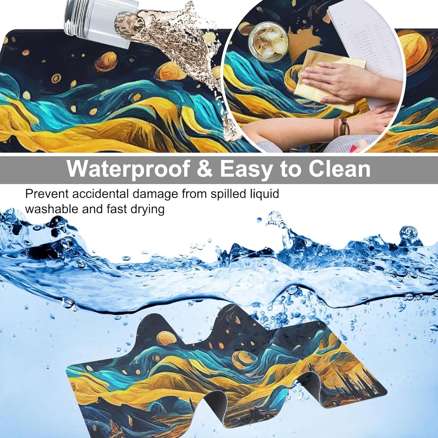 The Starry Night Desk Mat,Large Vincent Van Gogh Oil Painting Gaming Keyboard Mouse Pad,Non-Slip Rubber Base Desk Pad Thick Stitched Edges Waterproof Mousepad Mouse Mat 31.5"x11.8"