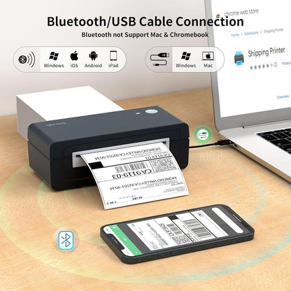 Bluetooth Thermal Shipping Label Printer, 4X6 Inkless Label Machine for iOS, Android, Laptop, Wireless Printer for Small Business, Compatible with Amazon, UPS, Shopify, Black