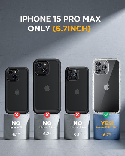 Miracase Glass Series for iPhone 15 Pro Max Case 6.7 Inch, Full-Body Drop Proof Phone Case for iPhone 15 Pro Max with Built-in 9H Tempered Glass Screen Protector + Camera Protector, Clear Glitter