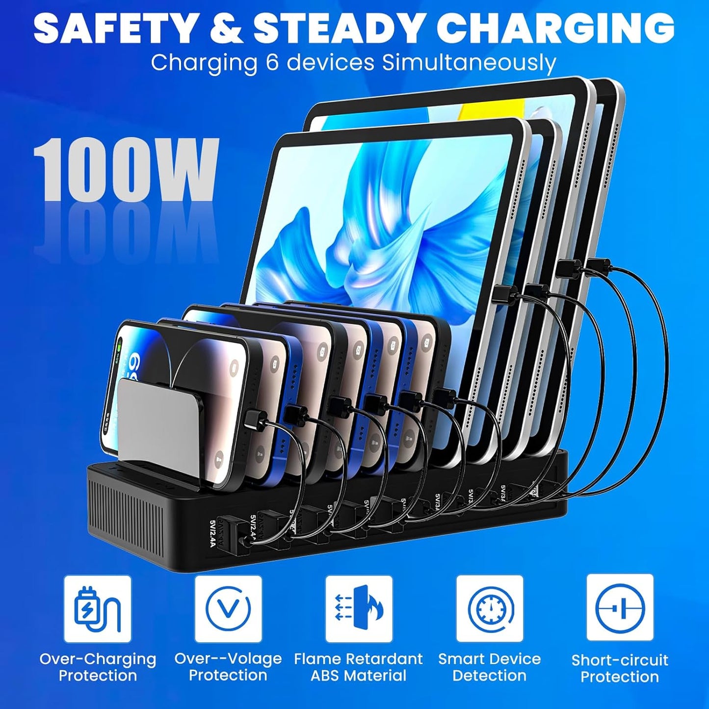 Charging Station for Multiple Devices, 100W 10 Ports Flat Plug Charging Dock with 10 Cables Smart IC Tech and Adjustable Dividers Type-C，Multi USB Charger for iPhone Galaxy iPad Tablet，Black