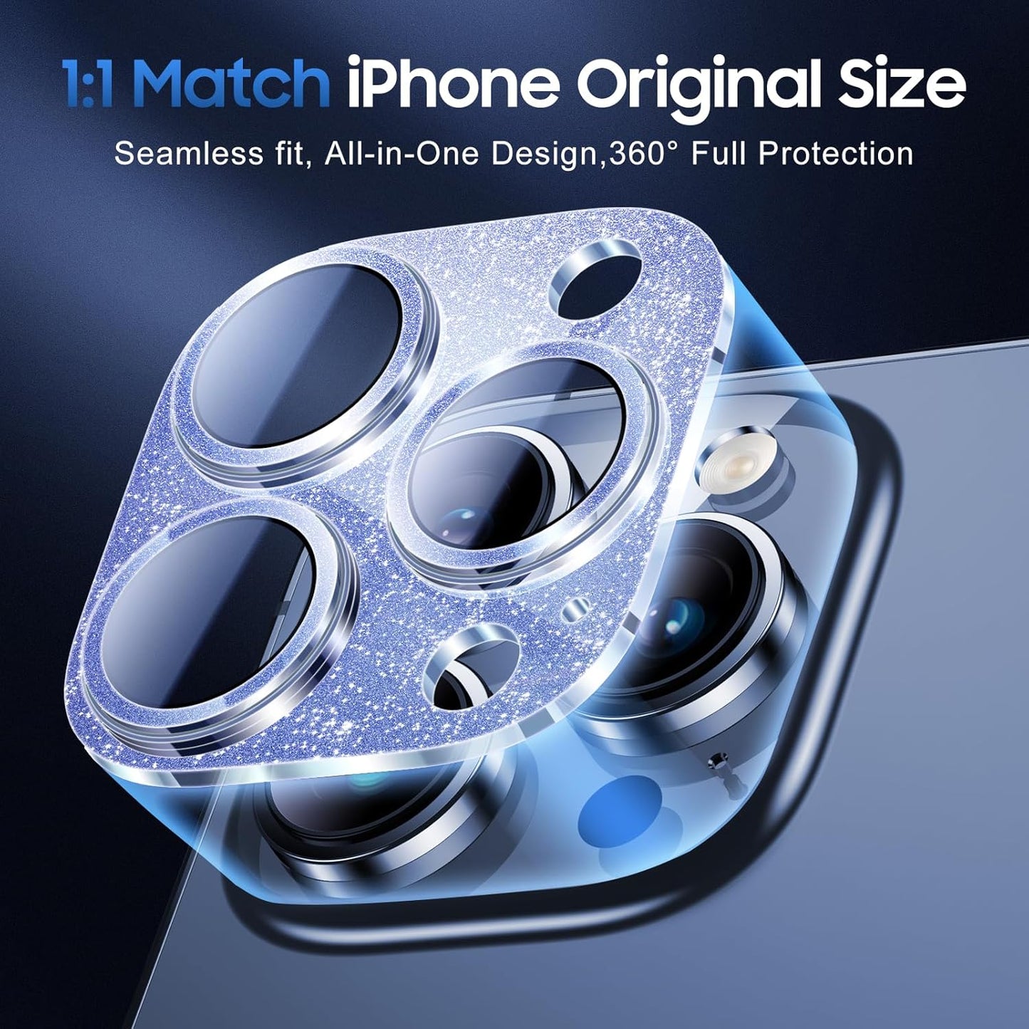 UniqueMe 3 Packs Compatible for iPhone 13 Pro Max/iPhone 13 Pro Camera Lens Protector Acrylic [Not Glass],[Case Friendly][Scratch-Resistant][Night Shooting Mode]-Glitter Blue