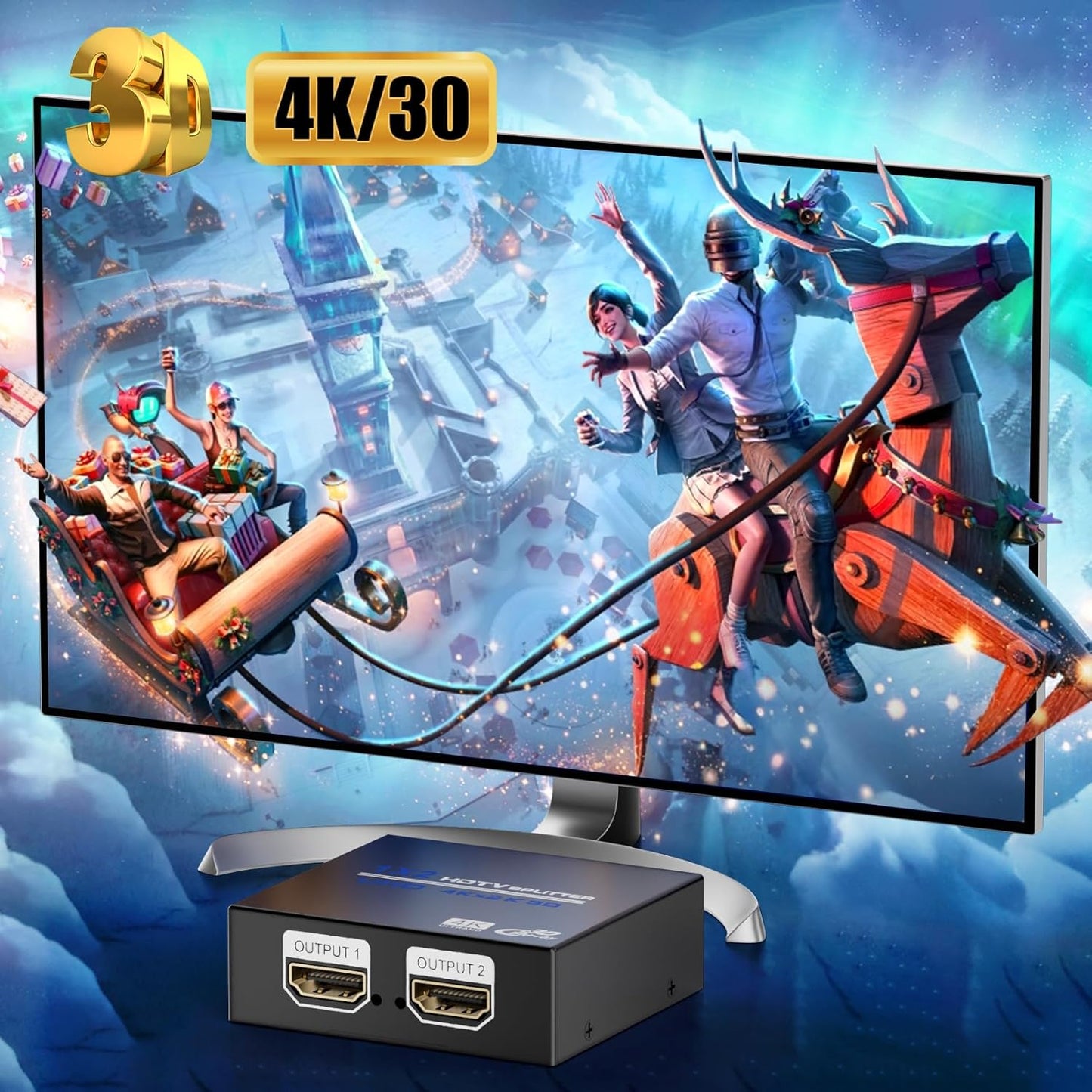 HDMI Splitter 1 in 2 Out 4K, 1x2 Powered HDMI Multi-Port Adapter for Dual Monitor, Support 4K UltraHD 3D HDR, Duplicate/Mirror Screens, Ideal for Xbox Ps5 Ps4 Ps3 Fire Stick Blu-Ray Player HDTV