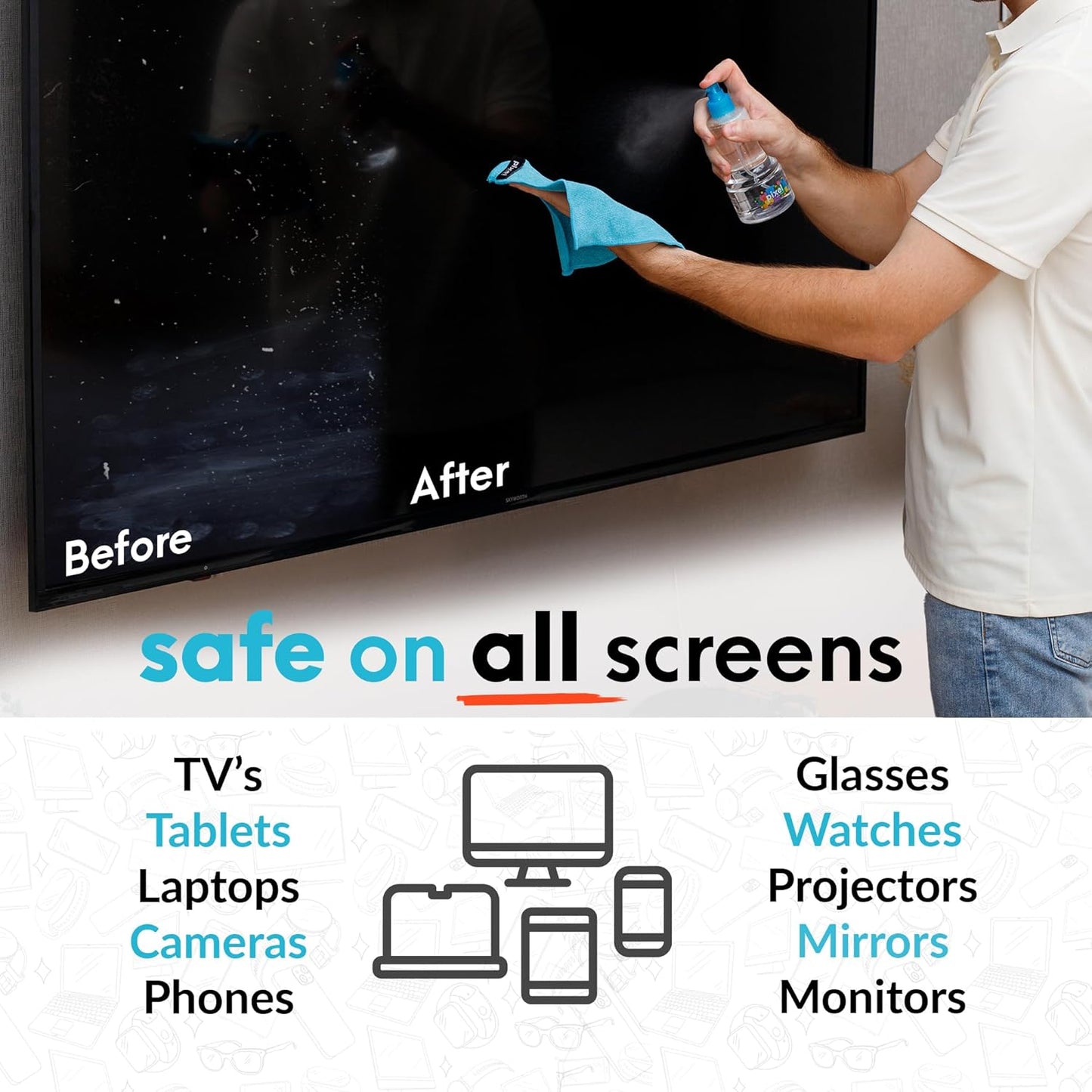 Pixel Perfect | 10oz | Screen Cleaner Kit, for TV, Laptops, Computers, Monitors, Phones, Tablets | 300ml Cleaning Kit, Premium Natural Spray