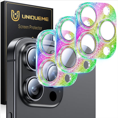 UniqueMe for 3 Pack iPhone 16 Pro/iPhone 16 Pro Max Camera Lens Protector - [Drop Protection] [Case Friendly] 9H Tempered Glass Camera Cover Screen [Update New Version] - Glitter Colorful