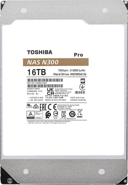 Toshiba N300 PRO 16TB Large-Sized Business NAS (up to 24 bays) 3.5-Inch Internal Hard Drive - Up to 300 TB/year Workload Rate CMR SATA 6 GB/s 7200 RPM 512 MB Cache - HDWG51GXZSTB