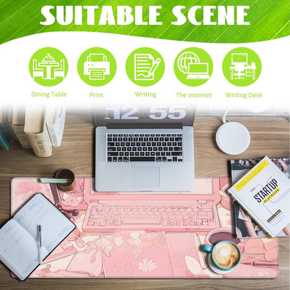 Large Gaming Mouse Pad for Desk,Pink Kawaii Anime Girl Desk Desk Mat,Kawaii Anime Desktop Desk Pad,Extended Big Computer Keyboard Mouse Pad with Non-Slip Base and Stitched Edge,31.5"x11.8"