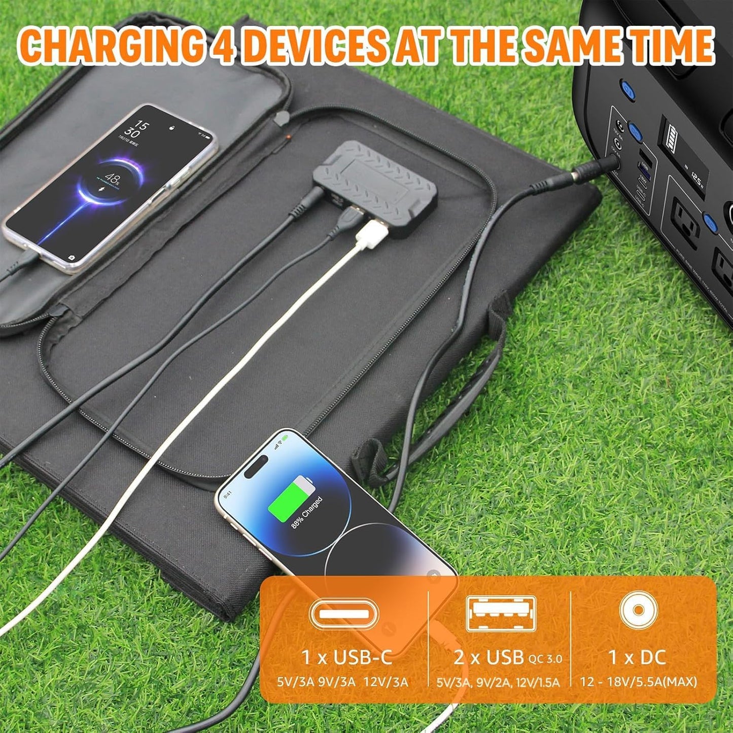 100W Portable Solar Panel for Power Station Generator, iPhone, Galaxy, Tablets, Foldable Solar Charger with USB QC 3.0/USB C/18V DC, IPX4 Waterproof Solar Panels for Camping Outdoor Van RV Trip