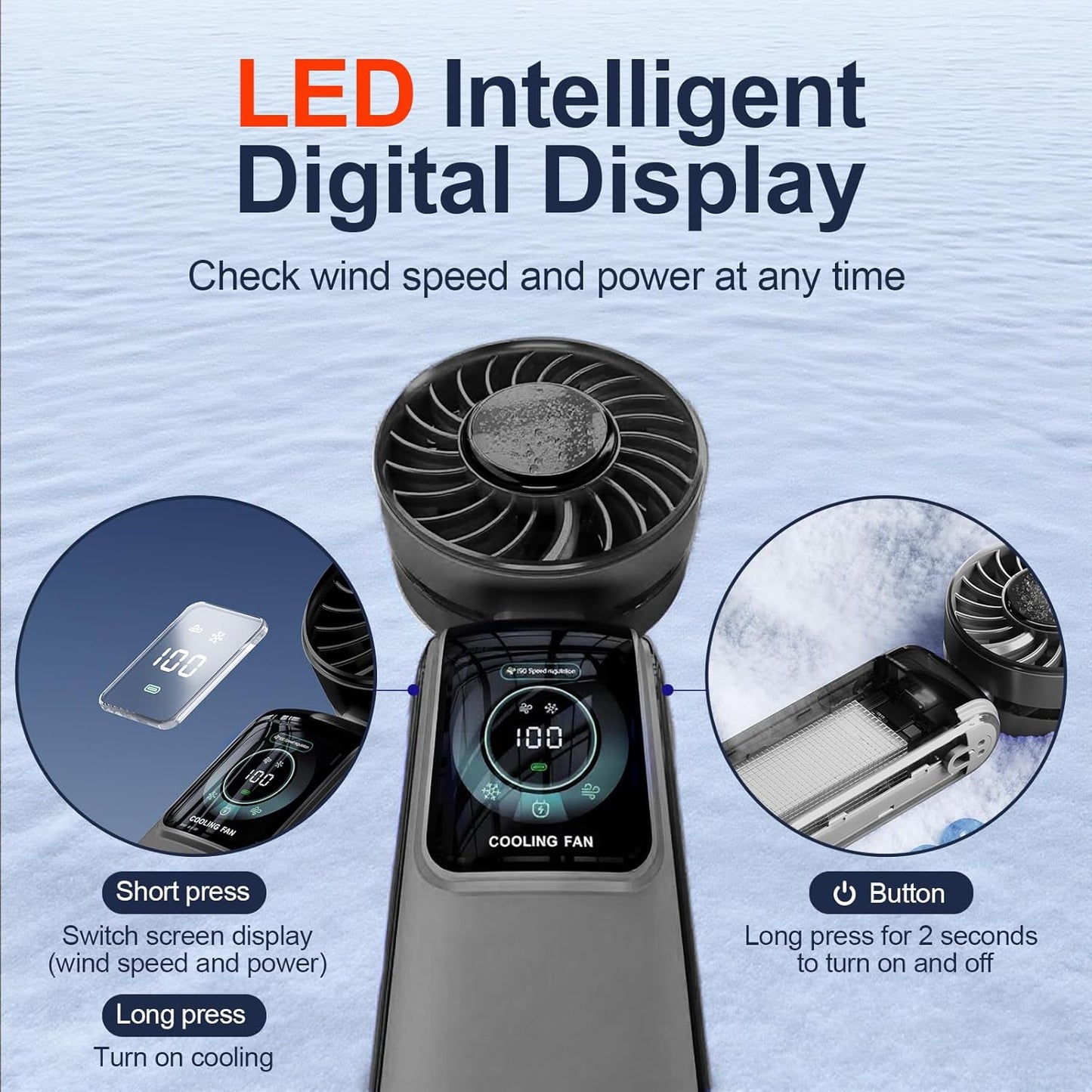 Blows Cold Air Portable Handheld Fan with Stand & Lanyard, 5000mAh USB-C Rechargeable Battery, 12H/5-Speed LED Display Mini Fan for Travel Beach Cruise Concerts Outdoor Events(Black)