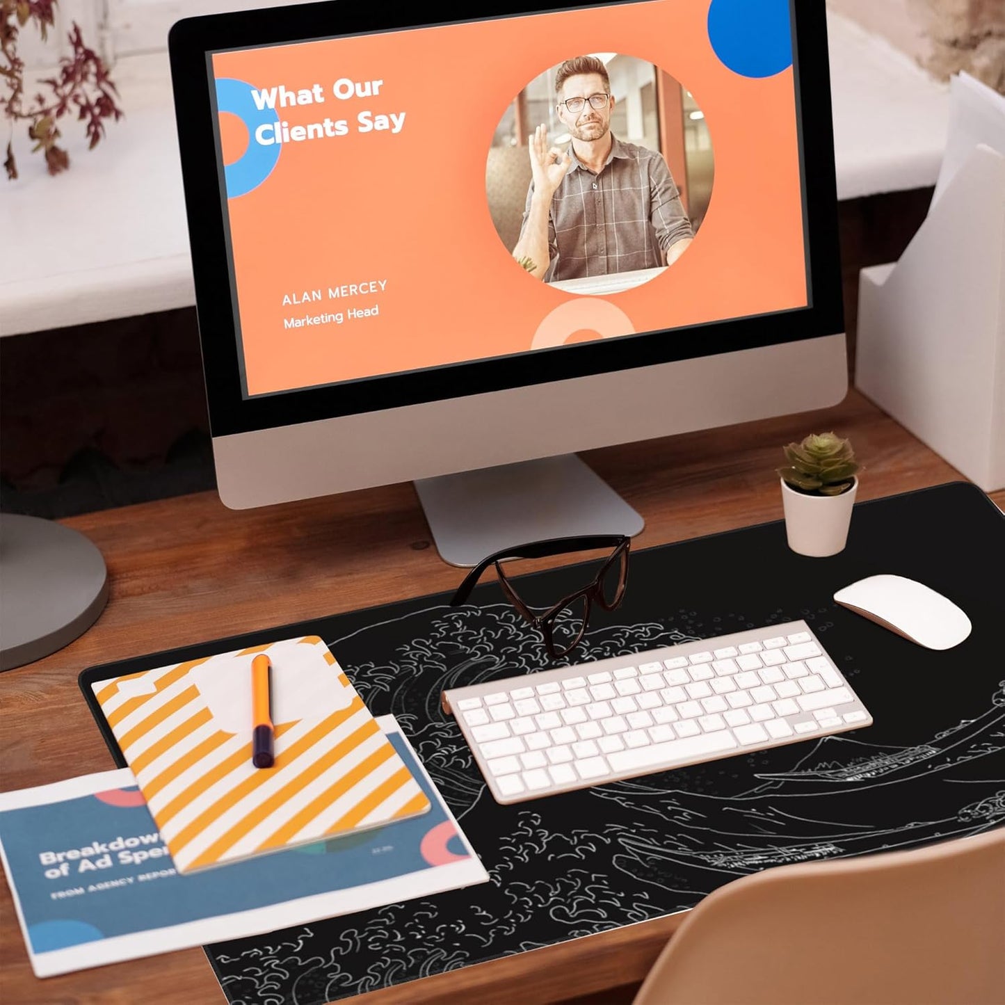 Desk Mat, Black Japanese Sea Wave Desk Pad, Extended Big Computer Keyboard Mouse Pad with Non-Slip Base and Stitched Edge, 35.4"x15.7"