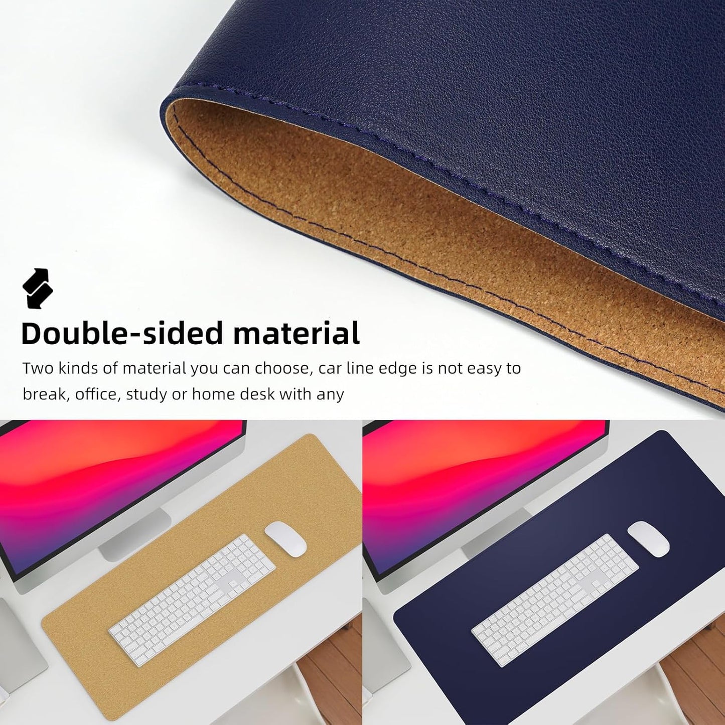 Leather Desk pad Protector, Large Desk mat with Natural Cork & PU Leather,Mouse pad,Non-Slip Office Desk Mat,Waterproof Desk Writing Pad for Office and Home (47in*23.7in, Blue)