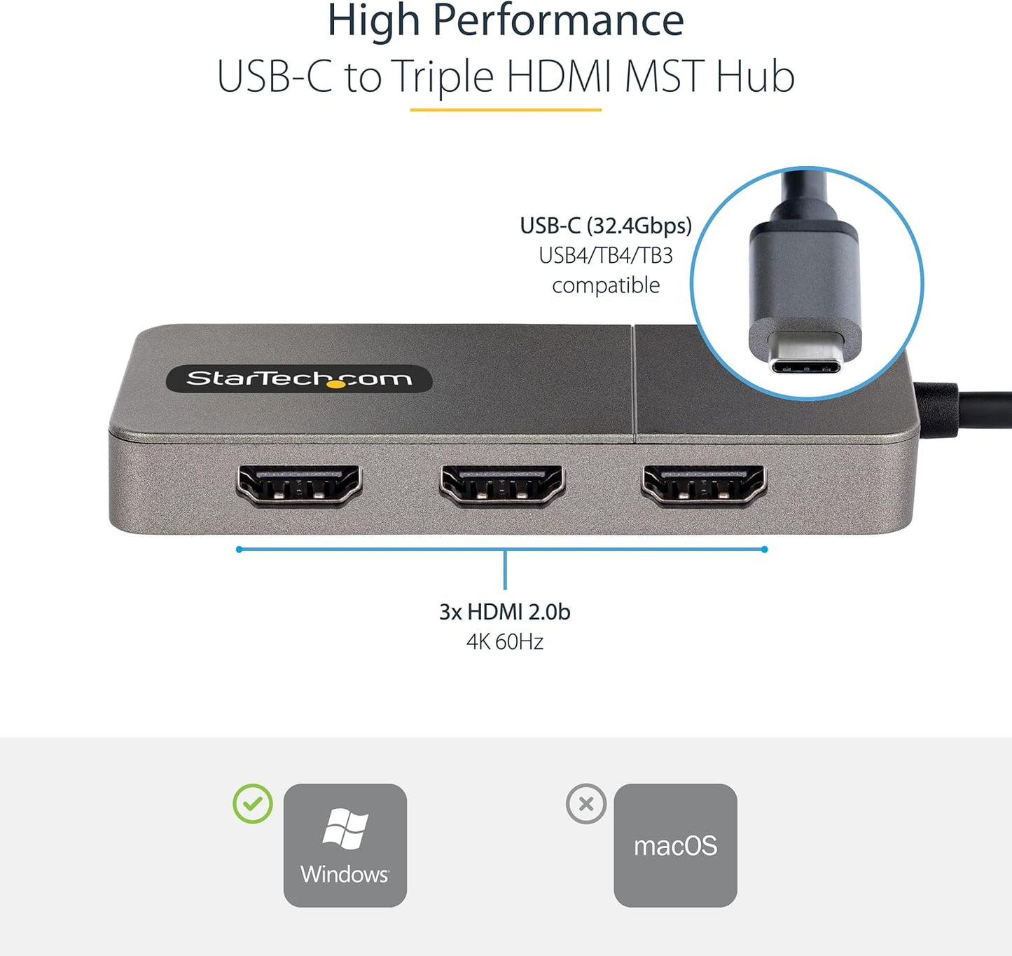 StarTech.com 3-Port USB-C Multi-Monitor Adapter, USB Type-C to 3x HDMI MST Hub, Triple 4K 60Hz HDMI Laptop Display Extender / Splitter, HDR, Extra-Long Built-In Cable, Windows (MST14CD123HD)