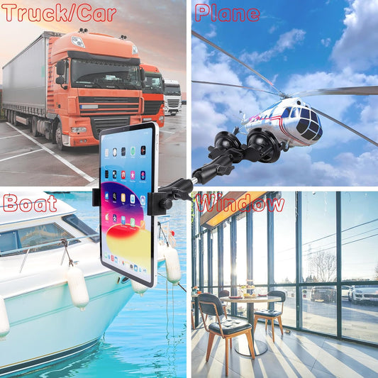 Dual Suction Cup Tablet Mount for Truck/Car, 13.4 Inch Aluminum Arm, 360° Adjustable 2-Stage Tablet Stand Holder, Compatible with iPad Pro/Air/Mini, Galaxy Tab and All 6.5-12.9" Tablets