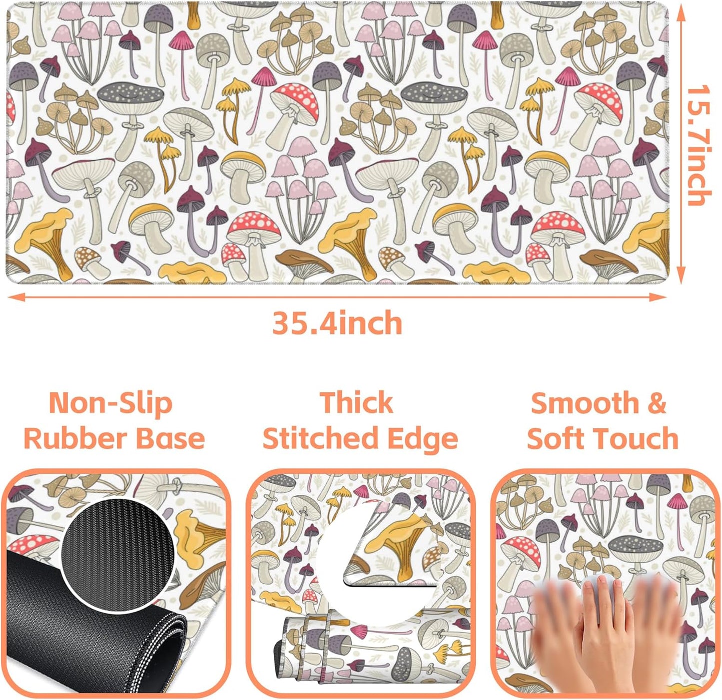 Mouse Pad Large Colorful Mushrooms Non-Slip Gaming Desk Mat with Stitched Edge Laptop Keyboard Desk Pad for Work Home Gaming (35.4 x 15.7 Inches)