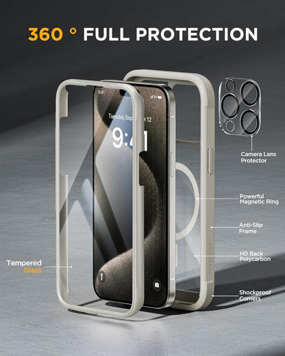 Miracase Magnetic for iPhone 15 Pro Max Case 6.7'' [Compatible with Magsafe] Full-Body Drop Proof Phone Case for iPhone 15 Pro Max with Built-in 9H Tempered Glass Screen Protector,Grey Titanium