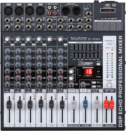 Boytone Dj Mixers 8 Channel Audio Mixer Sound Board with Bluetooth, USB MP3 Port Player with 48V Phantom Power Sounds Mixer with 16 Bit FX Effect, BT-80MX