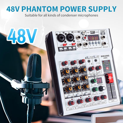 6 Channel Audio Mixer Professional Sound Board Console w/99 DSP Effects 48V Phantom Power Bluetooth USB Interface Stereo DJ Mixer Board for Karaoke Live Performance DJ Stage