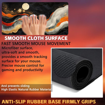 Large Gaming Mouse Pad, Orange Golden Waves Desk Mat, Abstract Art Painting Desk Pad, 31.5"x15.7" Extended Big Computer Keyboard Mouse Pad with Non-Slip Base and Stitched Edge