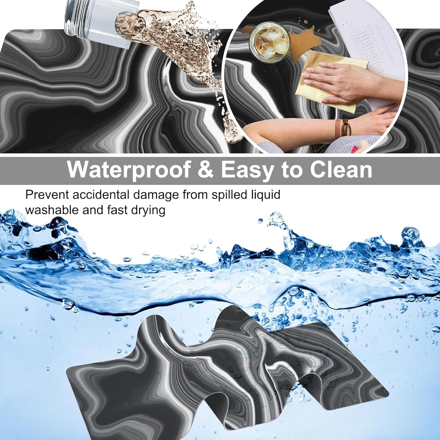 Black and White Marble Desk Mat,Large Marble Ink Texture Gaming Keyboard Mouse Pad,Non-Slip Rubber Base Desk Pad Thick Stitched Edges Waterproof Mousepad Mouse Mat 31.5"x11.8"