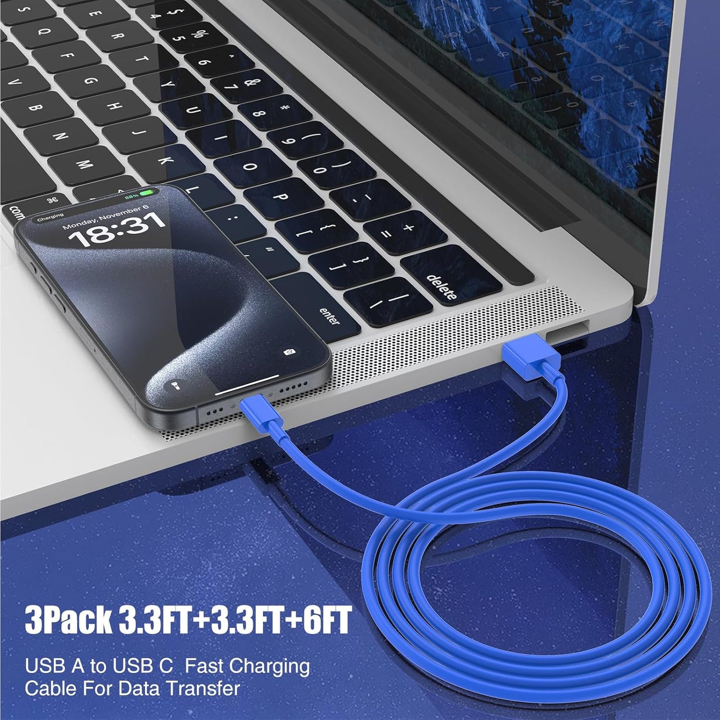 3-Pack Blue [3.3FT+3.3FT+6FT] USB A to USB C Cable, Compatible with iPhone 15/16, iPad, Samsung, MacBook, PS5 and More, Fast Charging, Carplay Cable