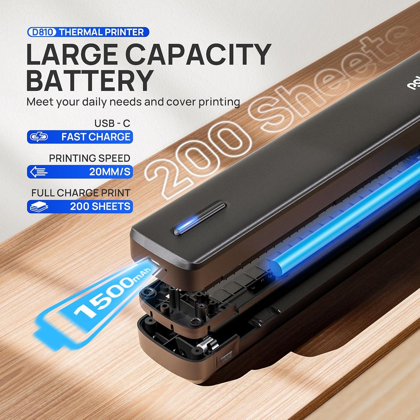 POLONO Portable Printer, D810 Inkless Bluetooth Thermal Printer Wireless for Travel, Compatible with iOS, Android, Laptop, Supports 8.5"x11" US Letter for Office, Car, Home, Black, 1 Pack