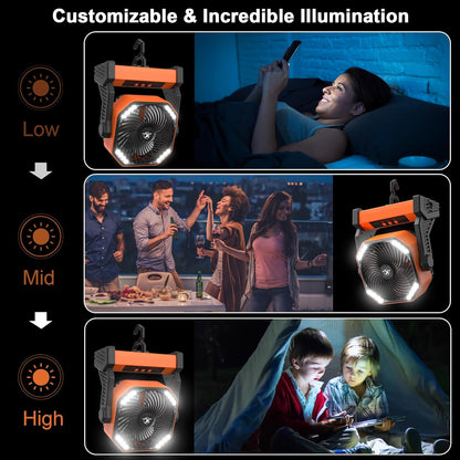 KITWLEMEN 20000mAh Battery Powered Camping Fan - 58H Max Cooling, Rechargeable Battery Operated Desk Fan with 4 Speeds, Bright Light & Hanging Hook, Portable for Tent Outdoor Hurricane Power Outage
